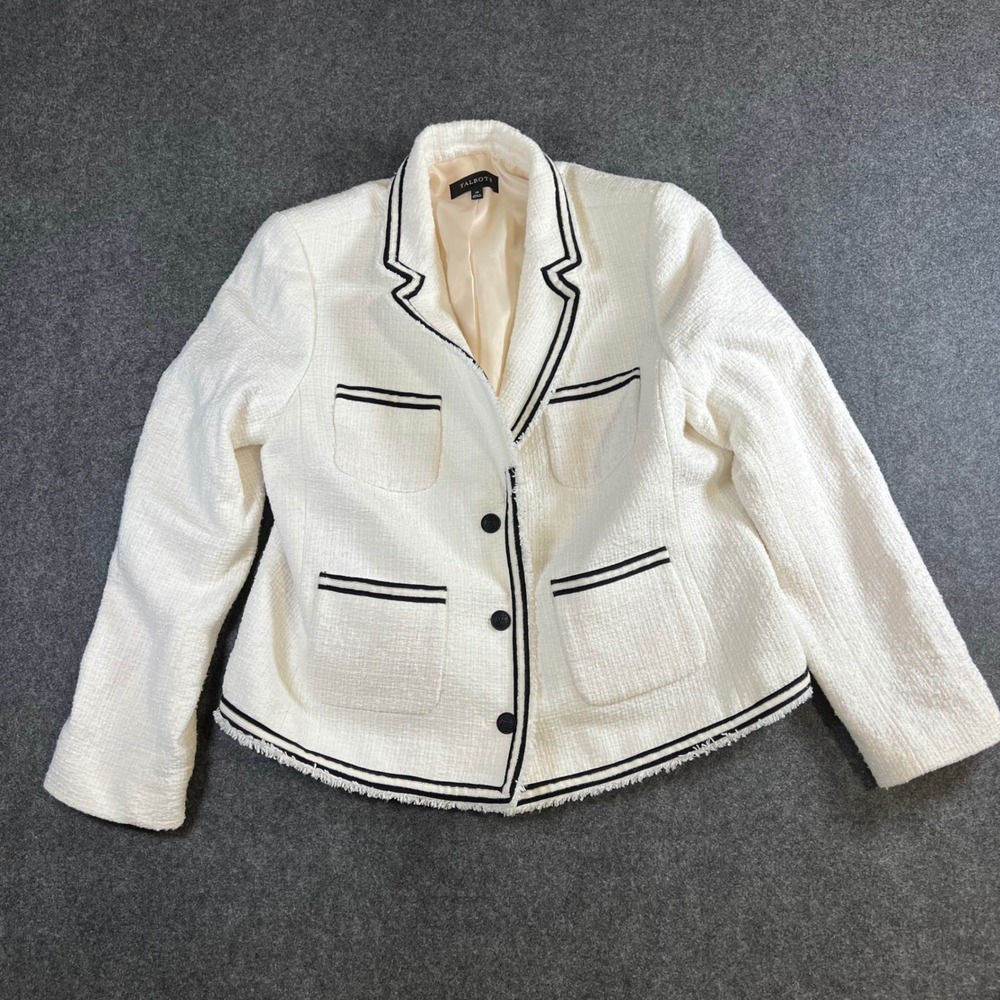 Talbots Ivory Boucle Blazer Jacket Black Contrast Trim Fringe Hem Womens Size 14